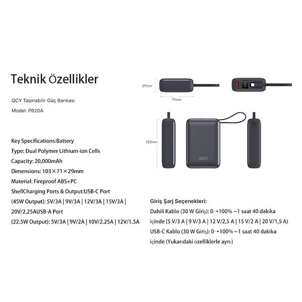 20000mah - 45W Powerbank Siyah - Hızlı Şarj - 7