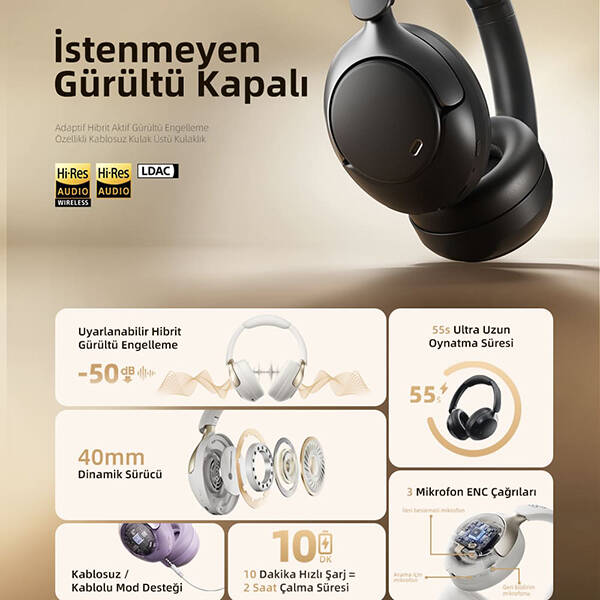QCY H3 Pro ANC Kulak Üstü Bluetooth Kulaklık - 4