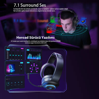 HeroaD V200 RGB 7.1 Kablosuz Gaming Oyuncu Kulaklığı 3 Modlu (BT, 2.4Ghz, Type-C) - 6