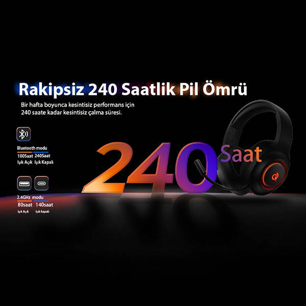HeroaD V200 RGB 7.1 Kablosuz Gaming Oyuncu Kulaklığı 3 Modlu (BT, 2.4Ghz, Type-C) - 9