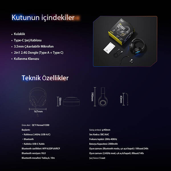HeroaD V200 RGB 7.1 Kablosuz Gaming Oyuncu Kulaklığı 3 Modlu (BT, 2.4Ghz, Type-C) - 10
