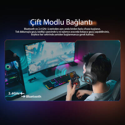 HeroaD V200 RGB 7.1 Kablosuz Gaming Oyuncu Kulaklığı 3 Modlu (BT, 2.4Ghz, Type-C) - 12
