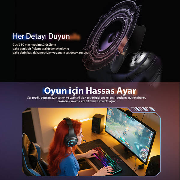 HeroaD V200 RGB 7.1 Kablosuz Gaming Oyuncu Kulaklığı 3 Modlu (BT, 2.4Ghz, Type-C) - 13
