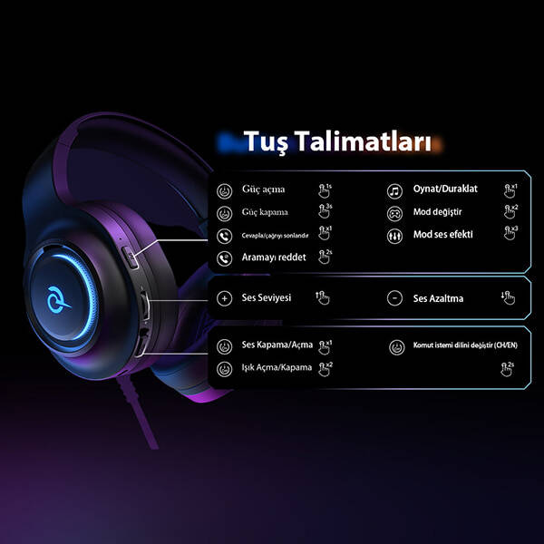 HeroaD V200 RGB 7.1 Kablosuz Gaming Oyuncu Kulaklığı 3 Modlu (BT, 2.4Ghz, Type-C) - 17